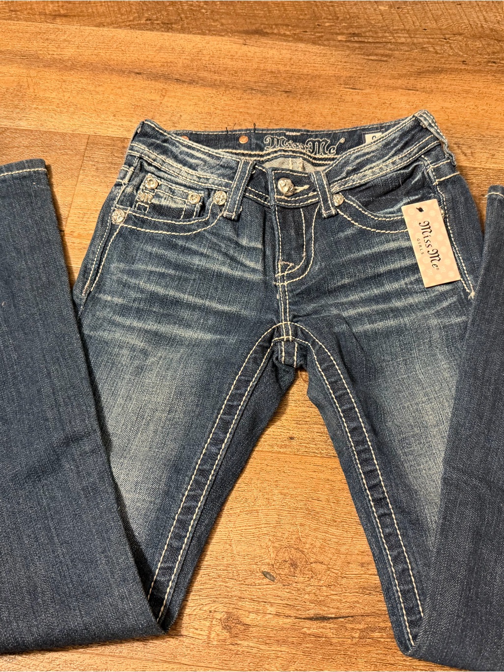 Nwt Miss Me Girls Bootcut Jeans Size 8 Dark Wash Bling Rhinestone Flap Pocket